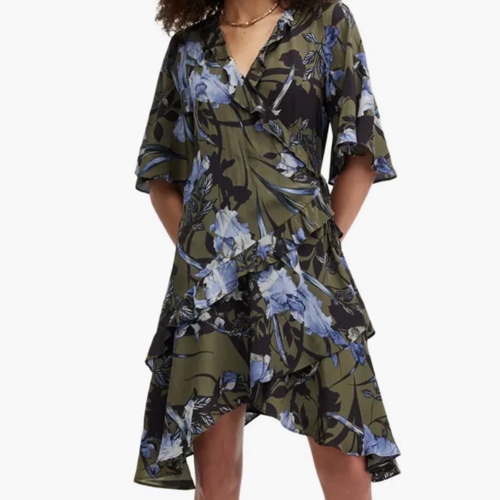 All saints Floral Wrap Dress in Olive and Blue size 10